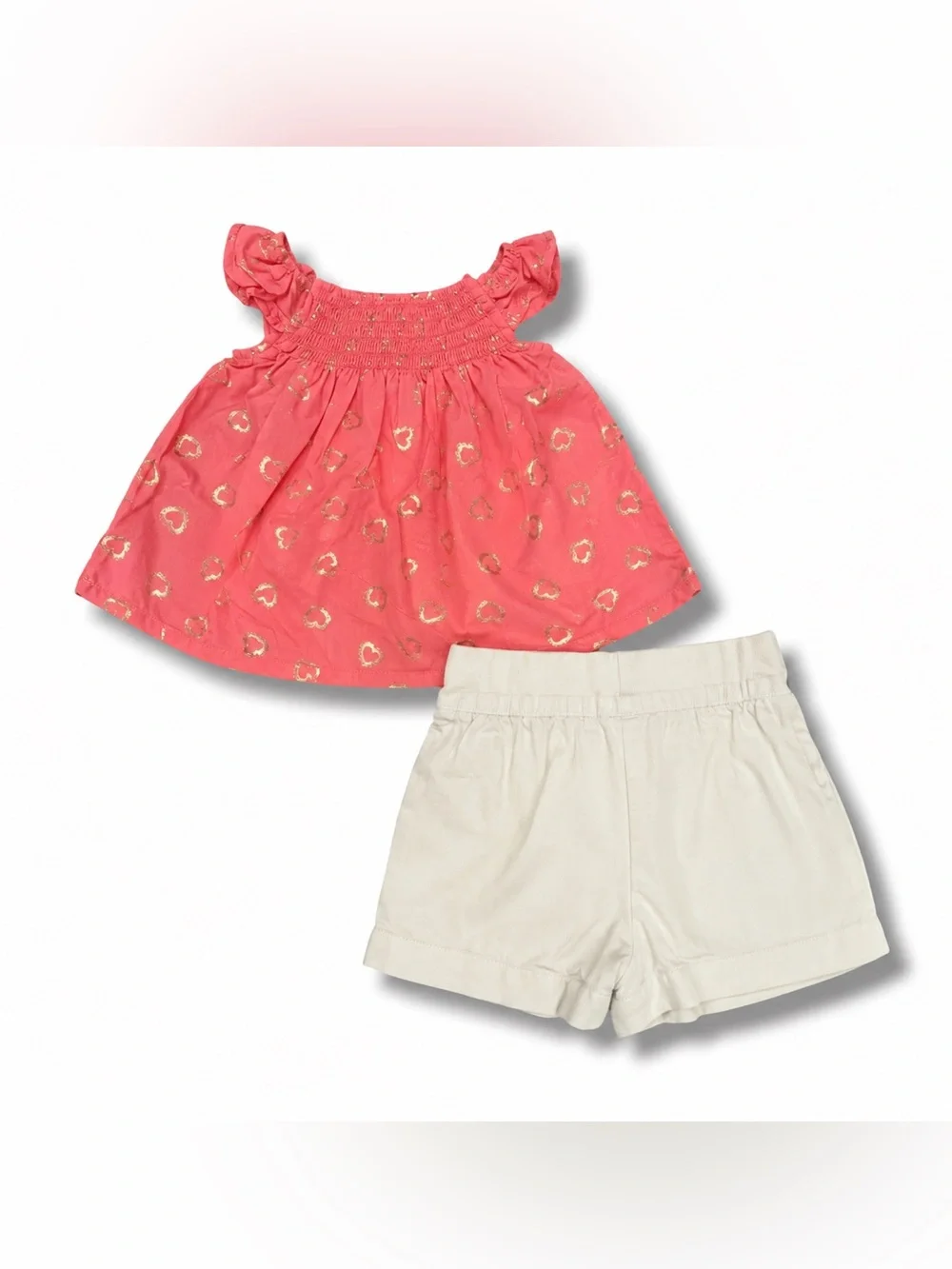 Penelope Mack Baby Girl 18M‎ Pink Gold Heart Smocked Top and White Shorts Set